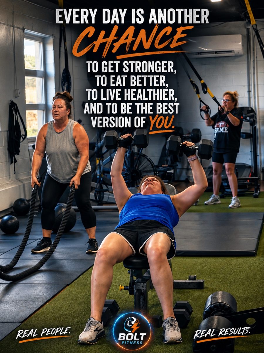 Motivational message over Bolt Fitness members training: every day is another chance to get stronger